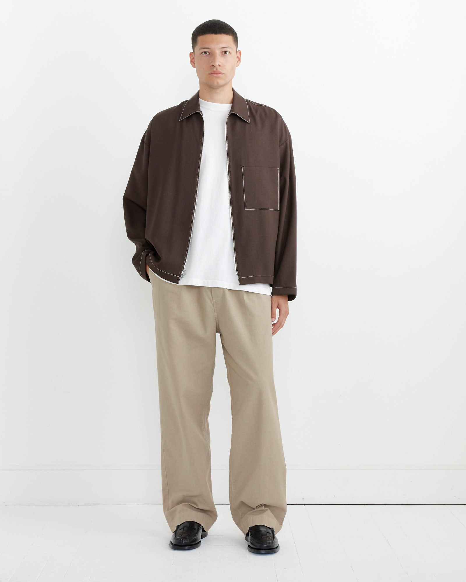 Contrast Stitch Enzo Shirt Tropical Wool in Cacao