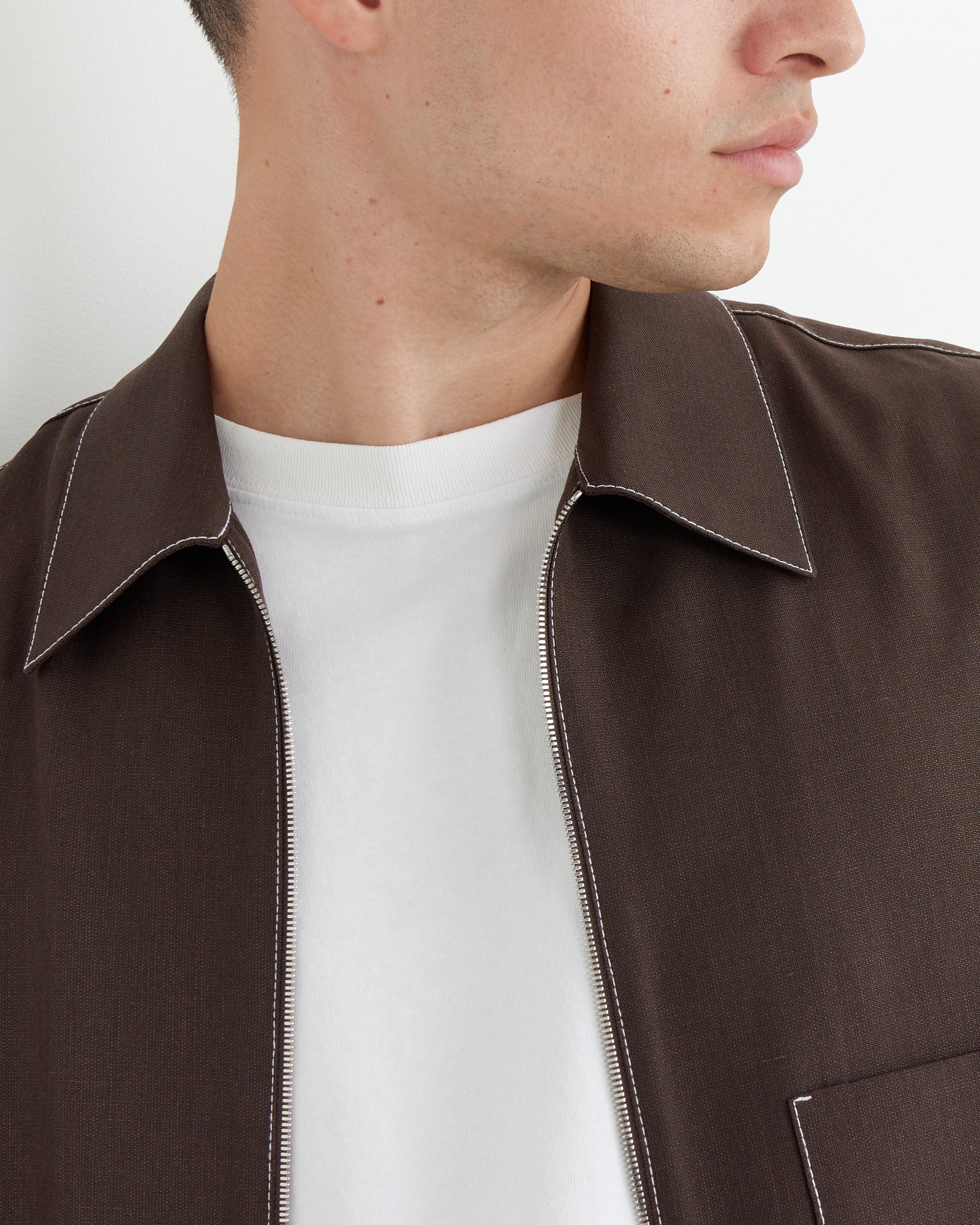 Contrast Stitch Enzo Shirt Tropical Wool in Cacao