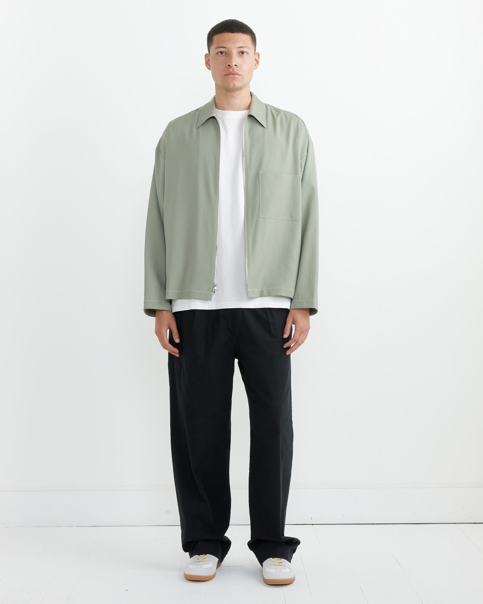 Contrast Stitch Enzo Shirt Tropical Wool in Sage