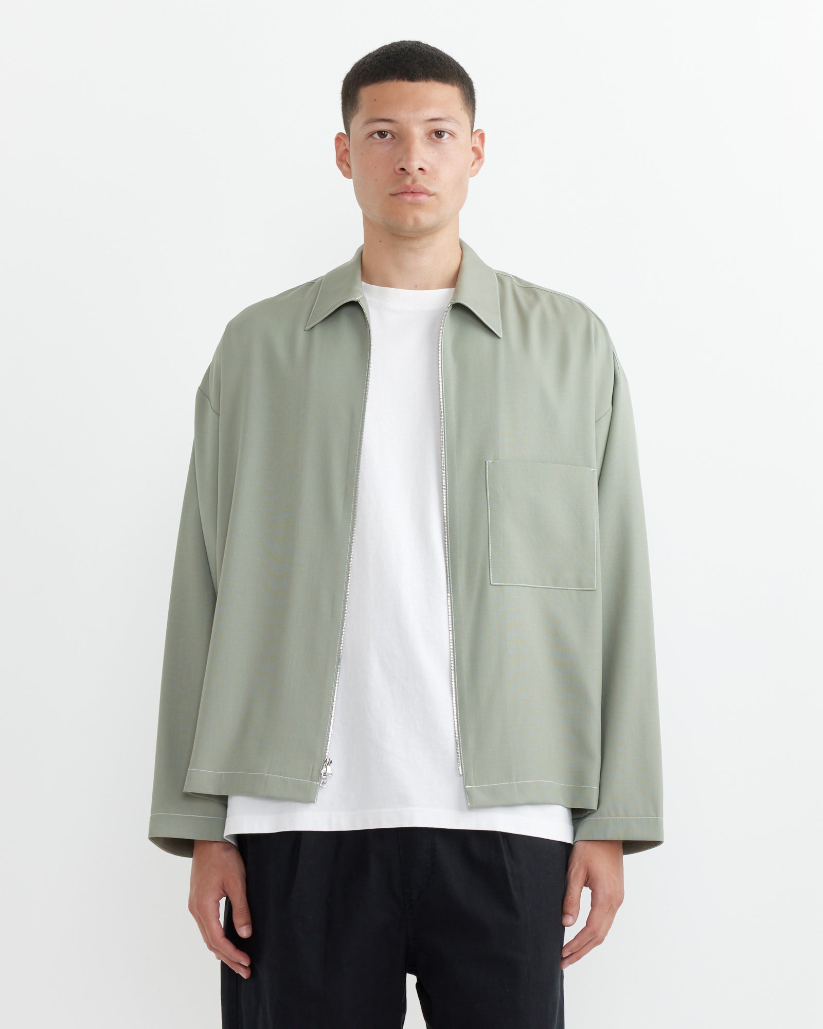 Contrast Stitch Enzo Shirt Tropical Wool in Sage