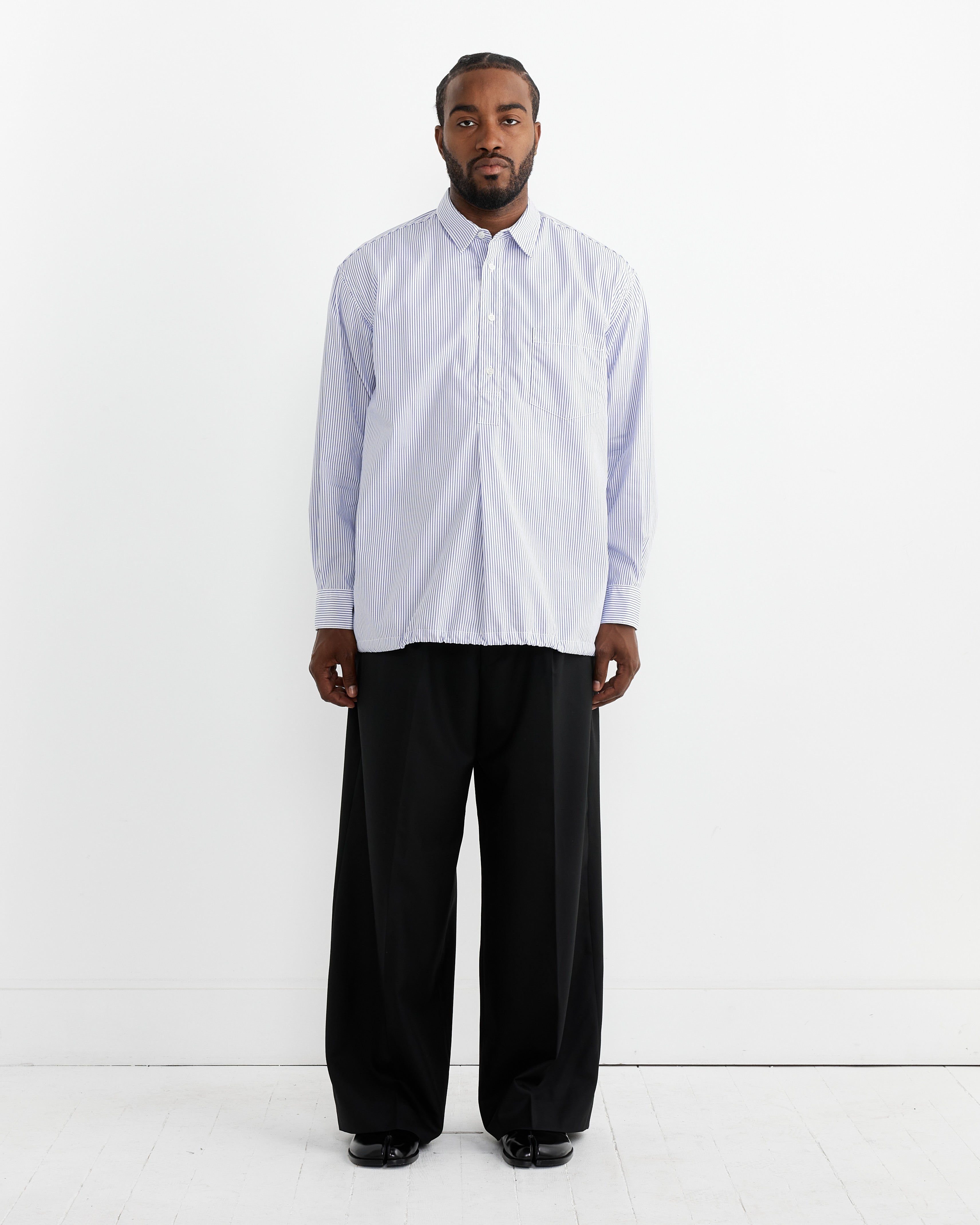 Cotton Pop-Over Shirt in White/Blue Stripe