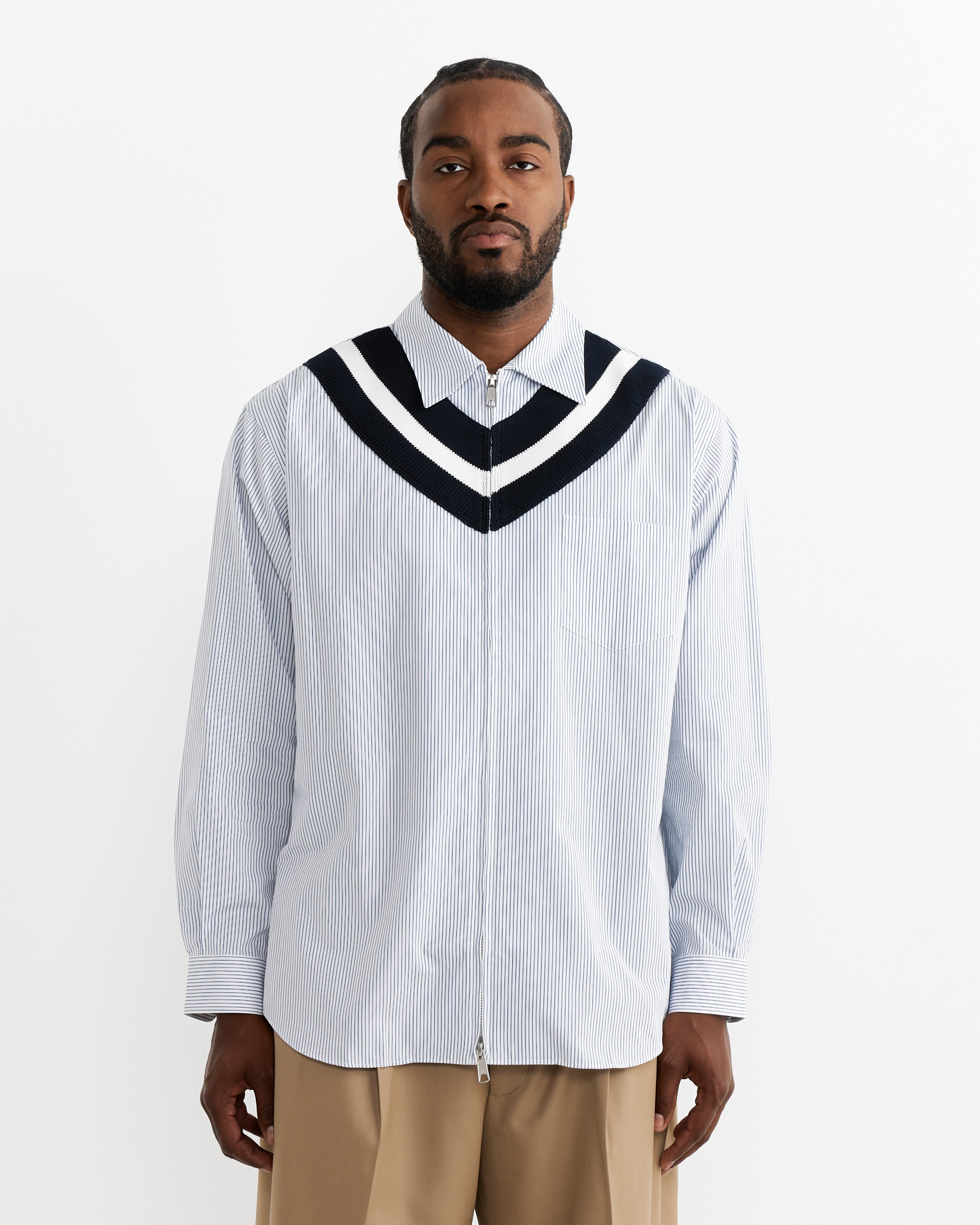 Cotton Zip Shirt in White/Blue Stripe