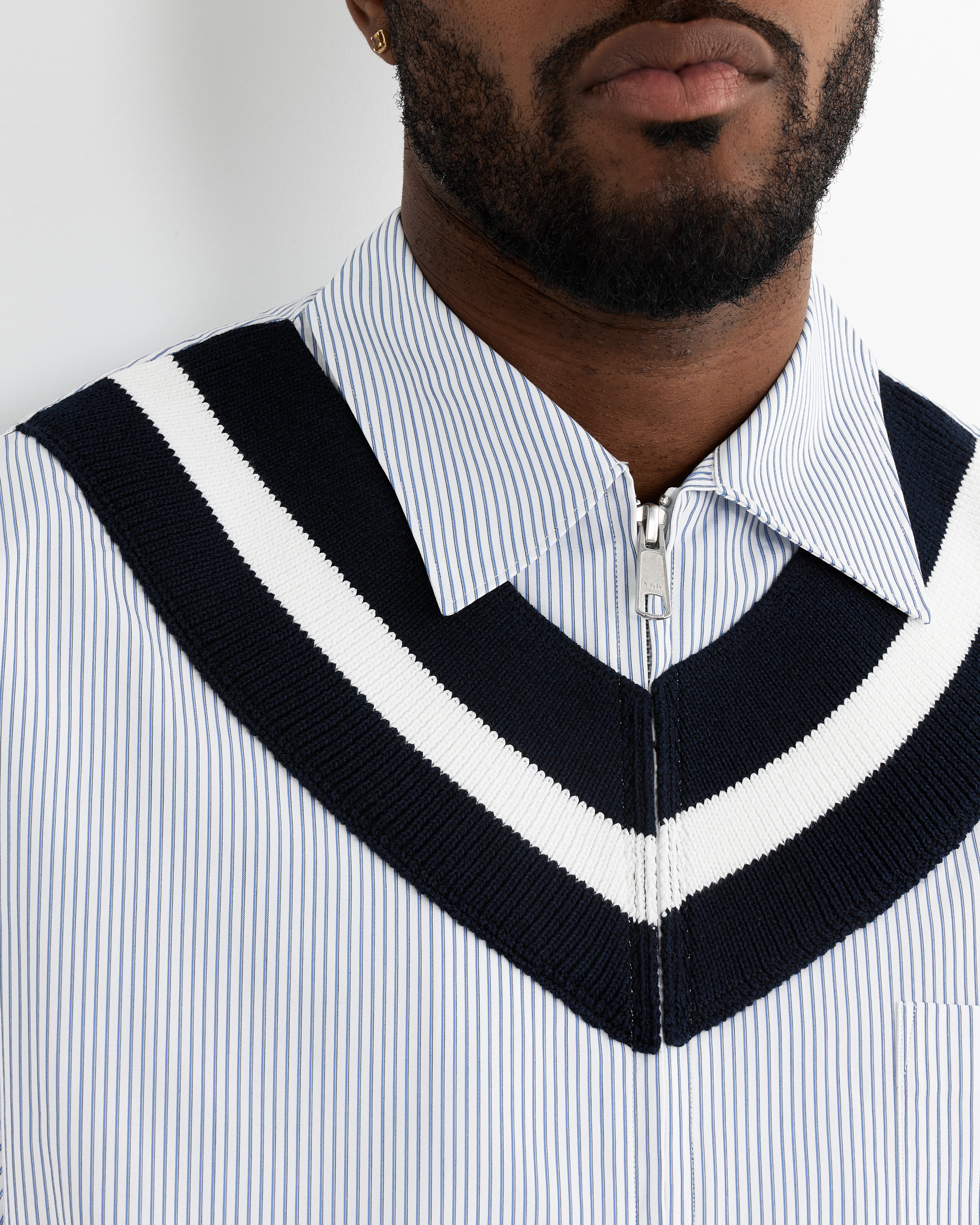 Cotton Zip Shirt in White/Blue Stripe