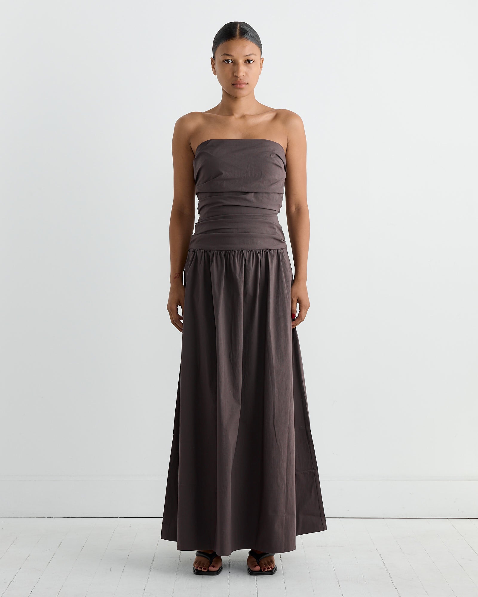 Gathered Strapless Tie Back Dress in Chocolate Plum