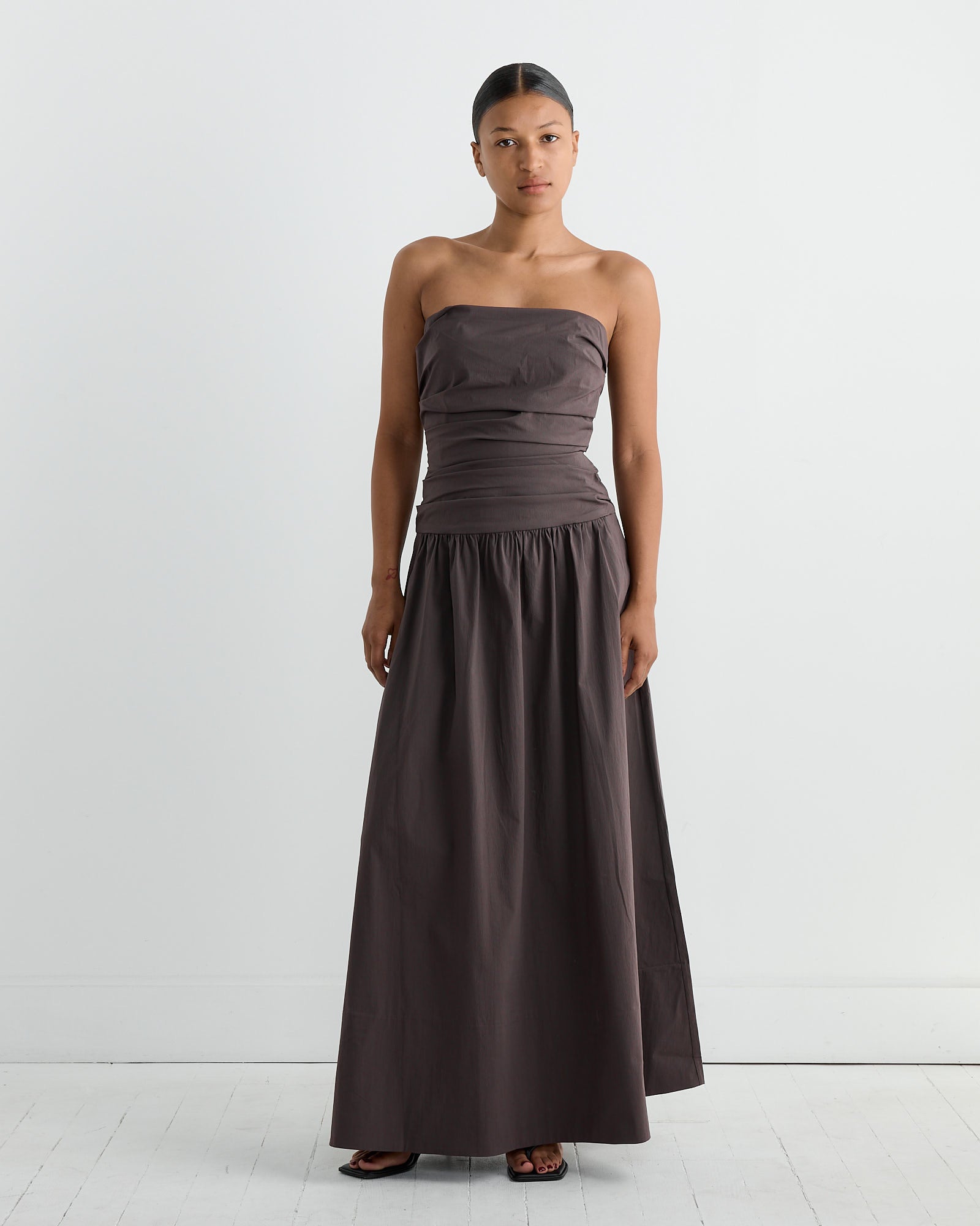 Gathered Strapless Tie Back Dress in Chocolate Plum