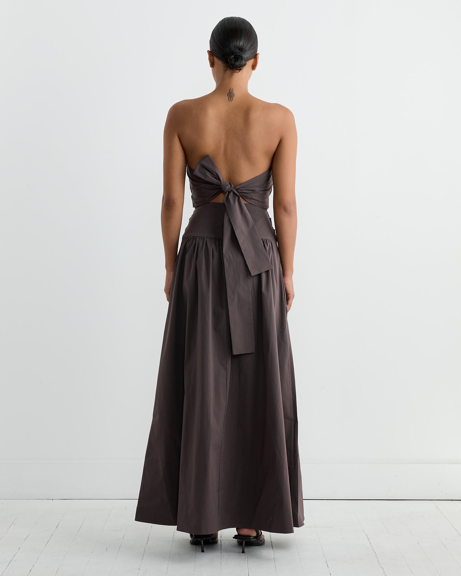 Gathered Strapless Tie Back Dress in Chocolate Plum