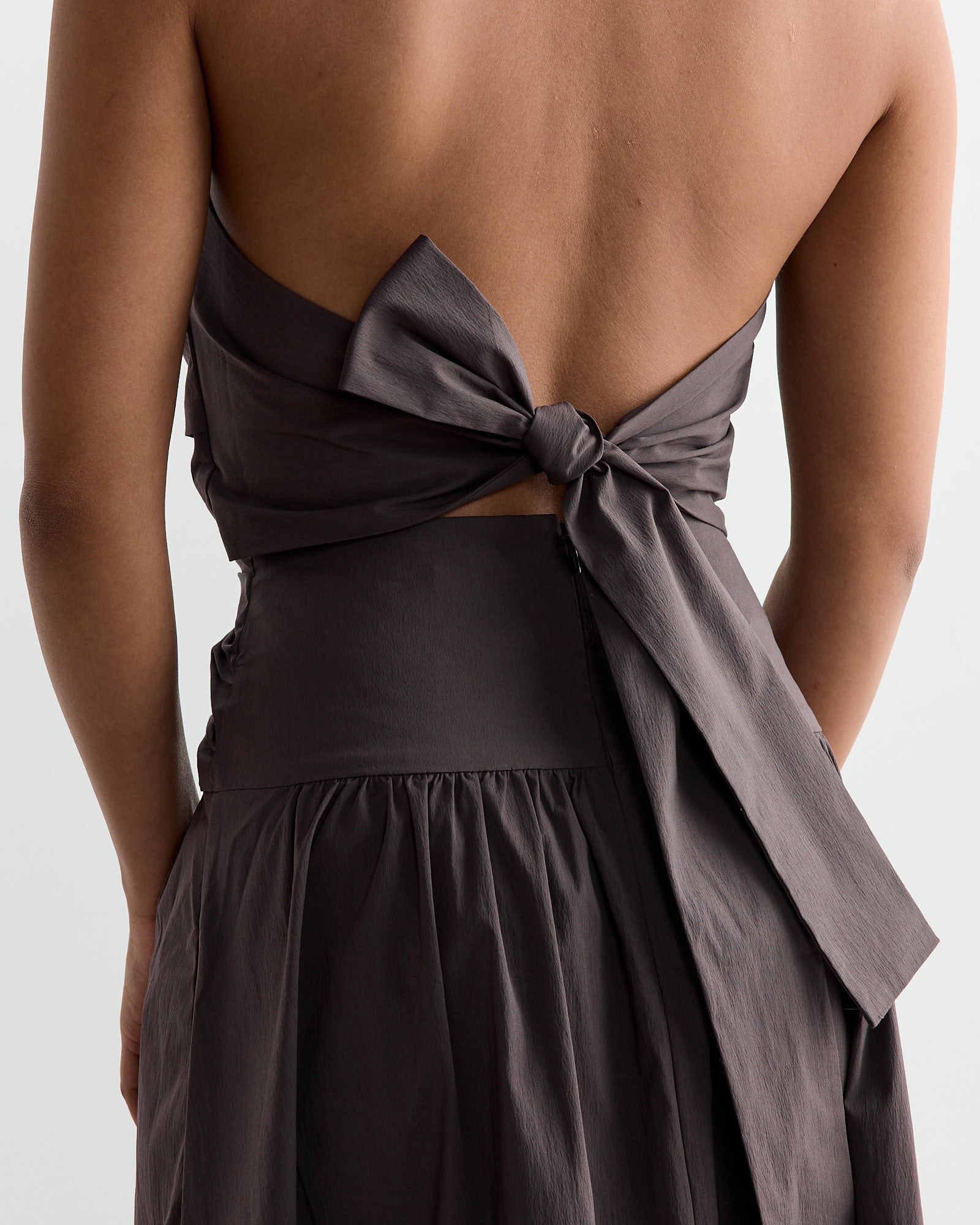 Gathered Strapless Tie Back Dress in Chocolate Plum