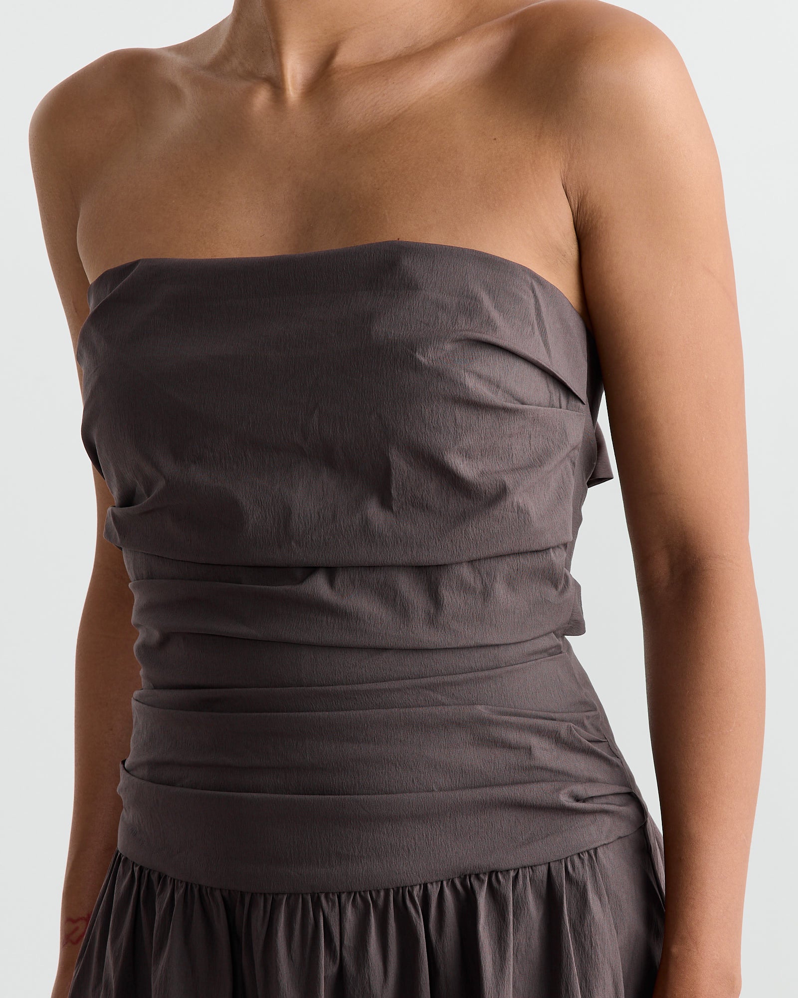 Gathered Strapless Tie Back Dress in Chocolate Plum