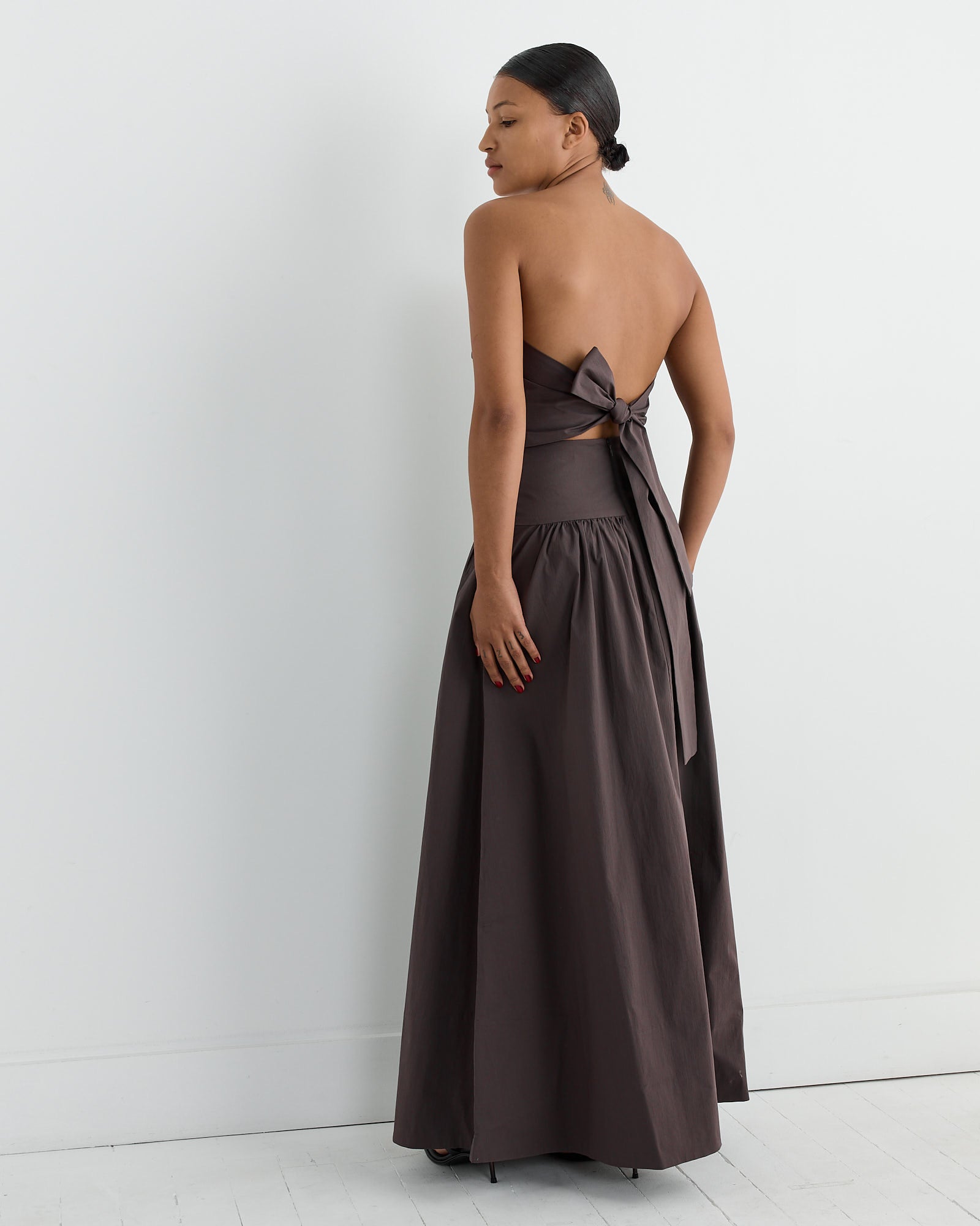 Gathered Strapless Tie Back Dress in Chocolate Plum