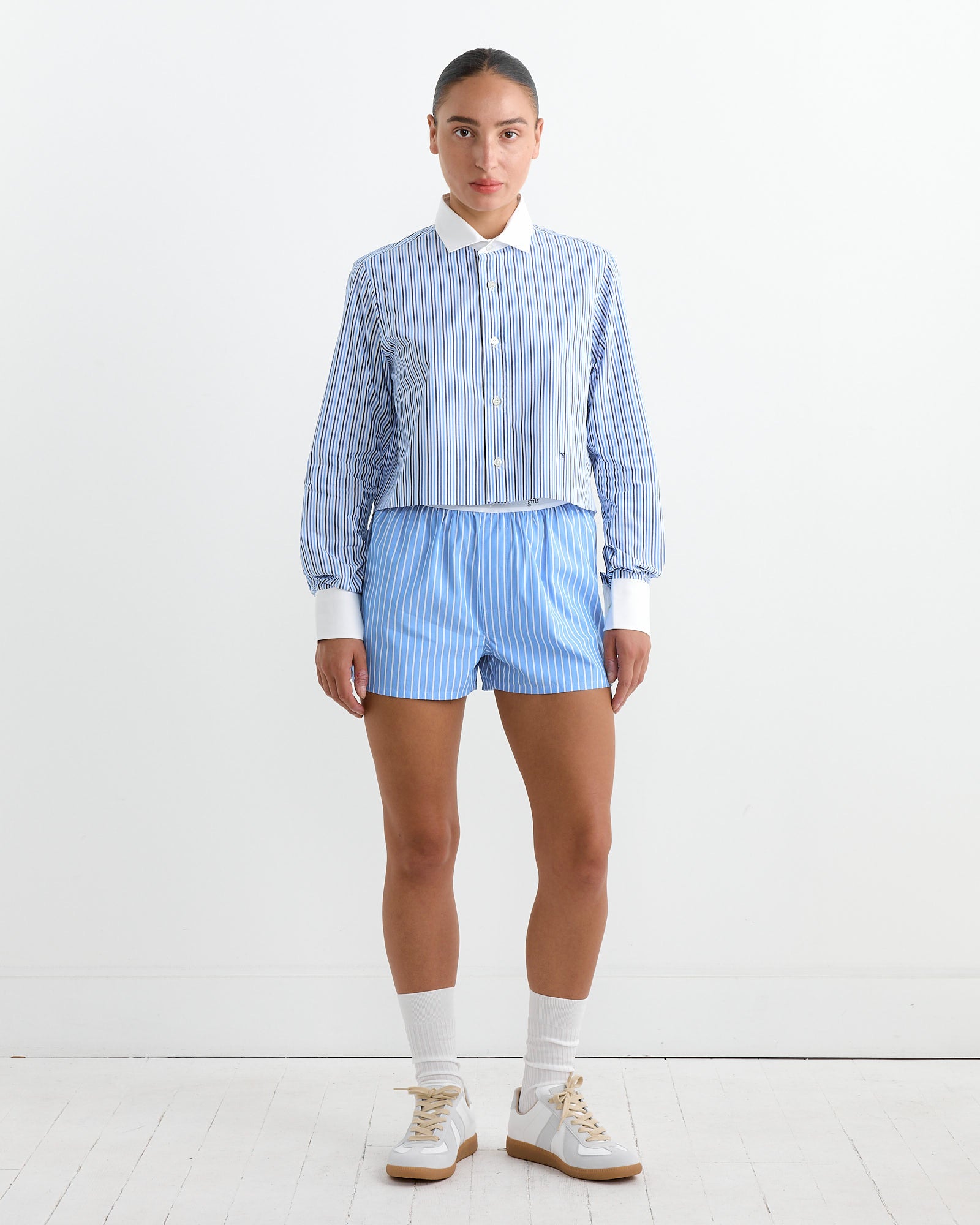 Hommegirls Cropped Contrast Collar Shirt Multi Blue Stripe - Multi Blue Stripe / S (266699)