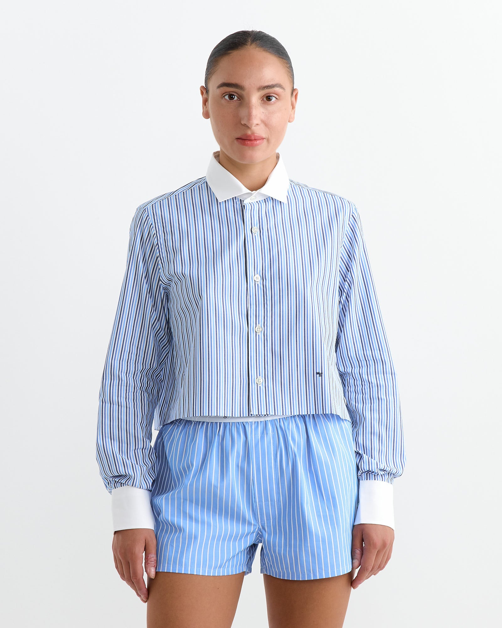 Hommegirls Cropped Contrast Collar Shirt Multi Blue Stripe - Multi Blue Stripe / S (266699)