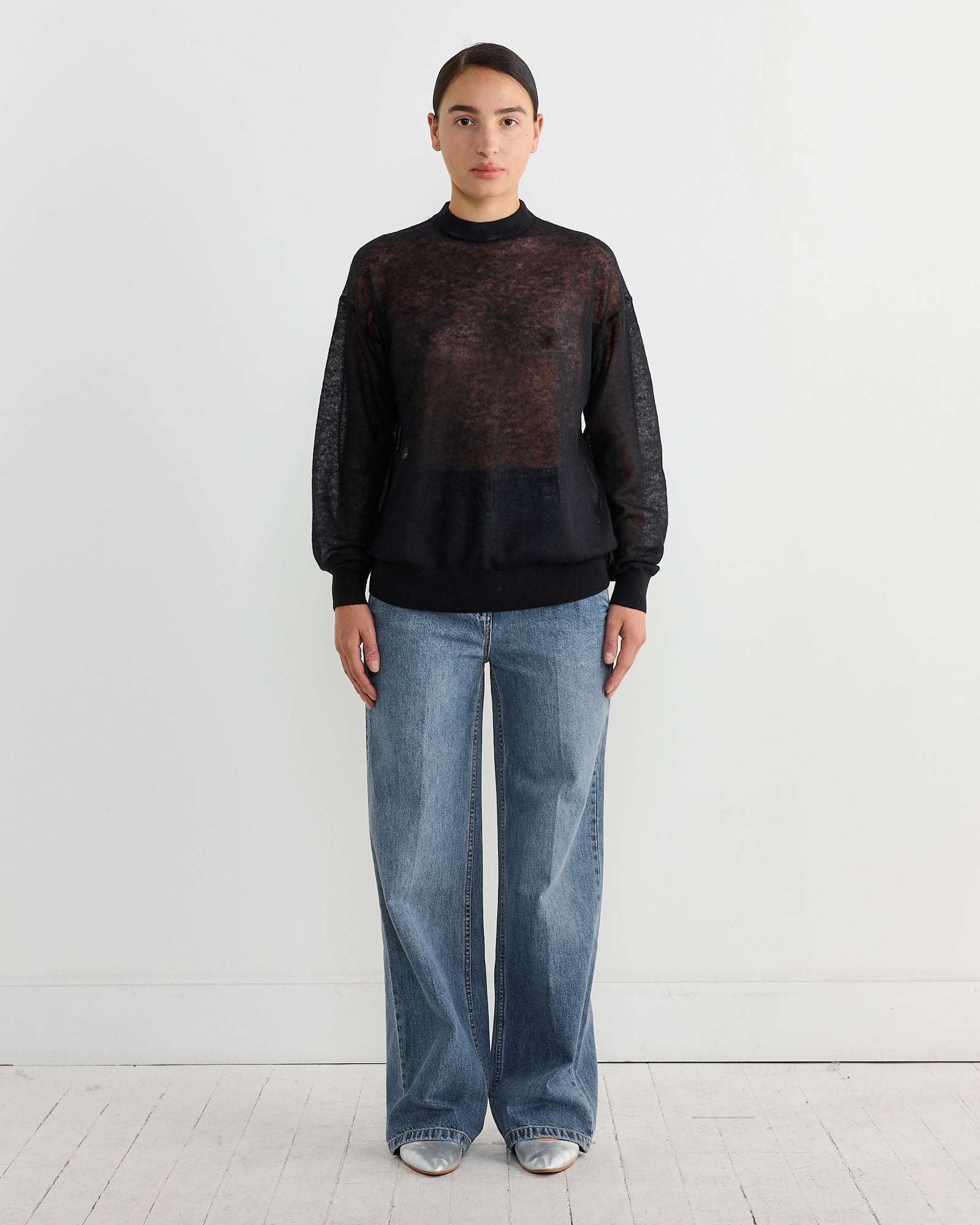 Tibi Sheer Sweater Crewneck Easy Pullover Dark Navy - Dark Navy / S (267144)