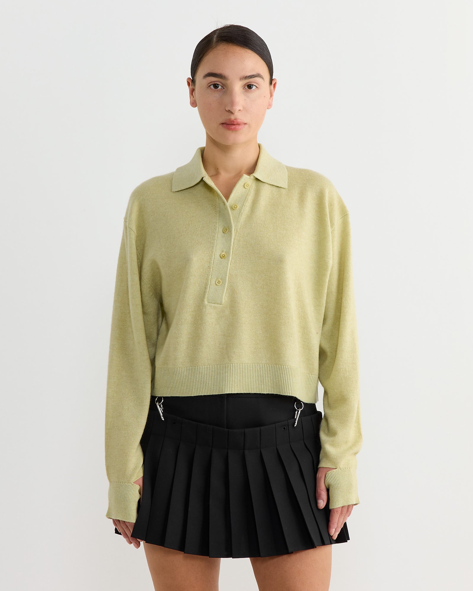 Tibi Washable Cashmere Cropped Polo Light Green - Light Green / S (267148)