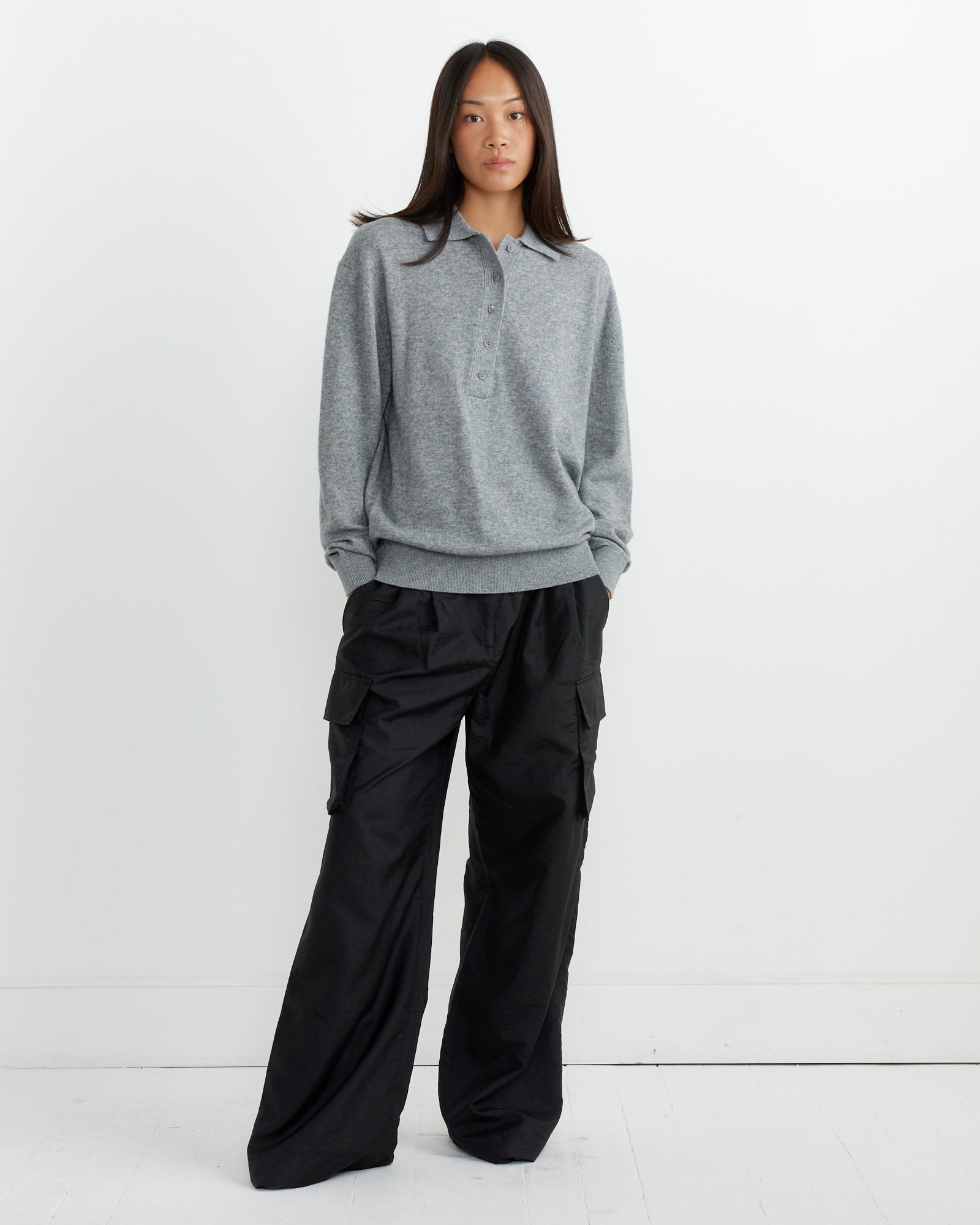 Washable Cashmere Polo Sweater in Heather Grey