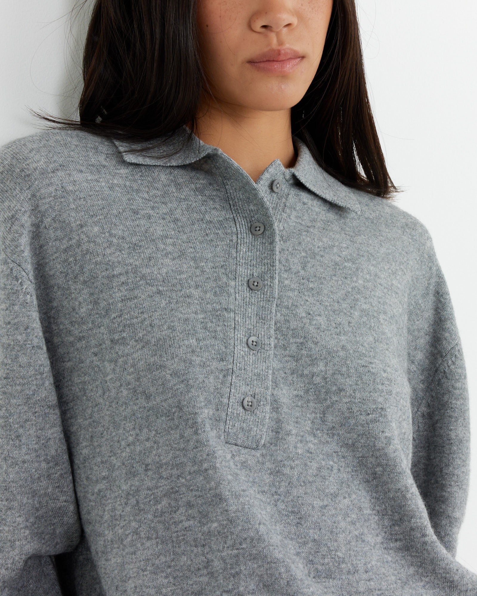 Washable Cashmere Polo Sweater in Heather Grey