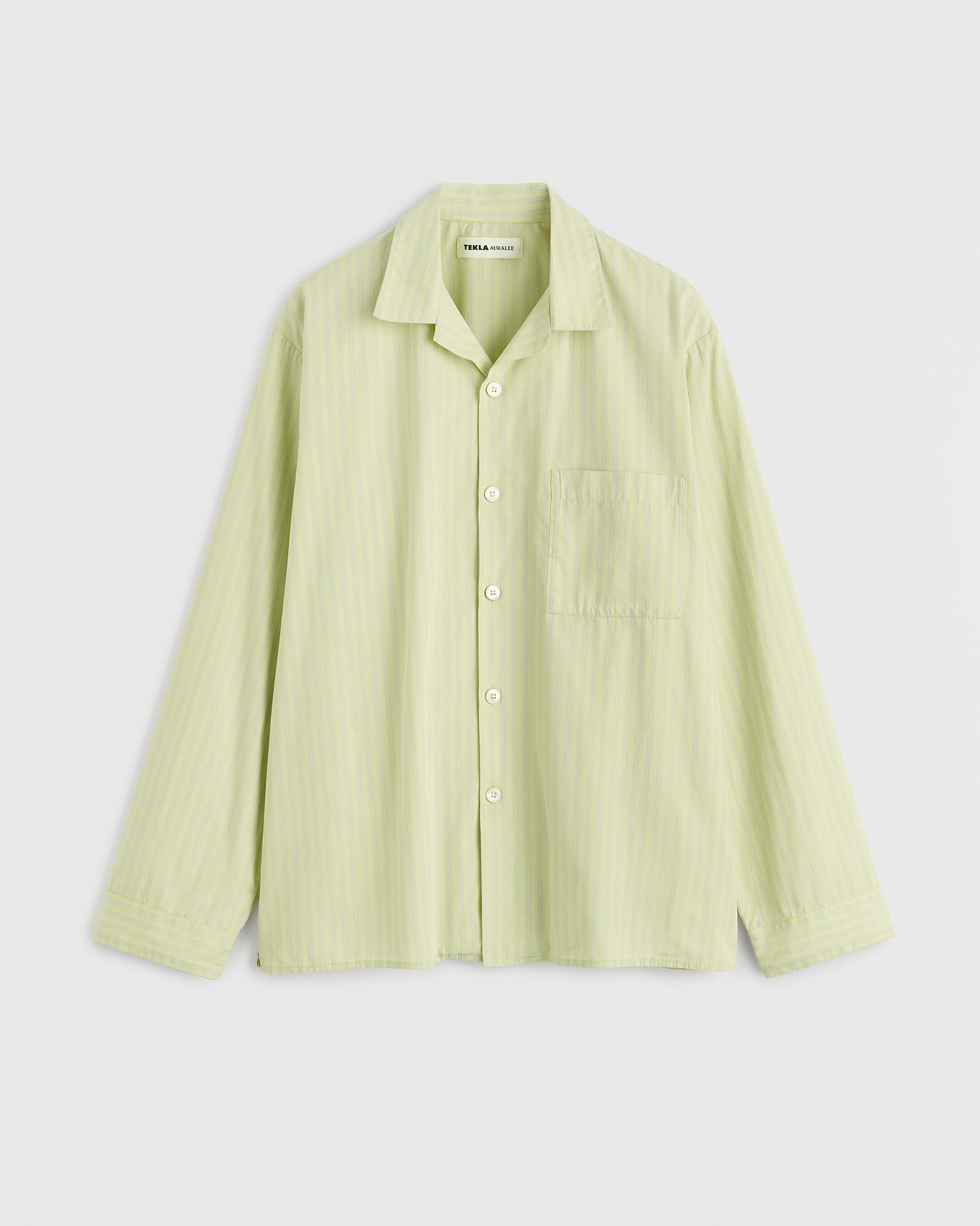 Cotton Poplin Pyjamas Shirt in Light Moss Stripes