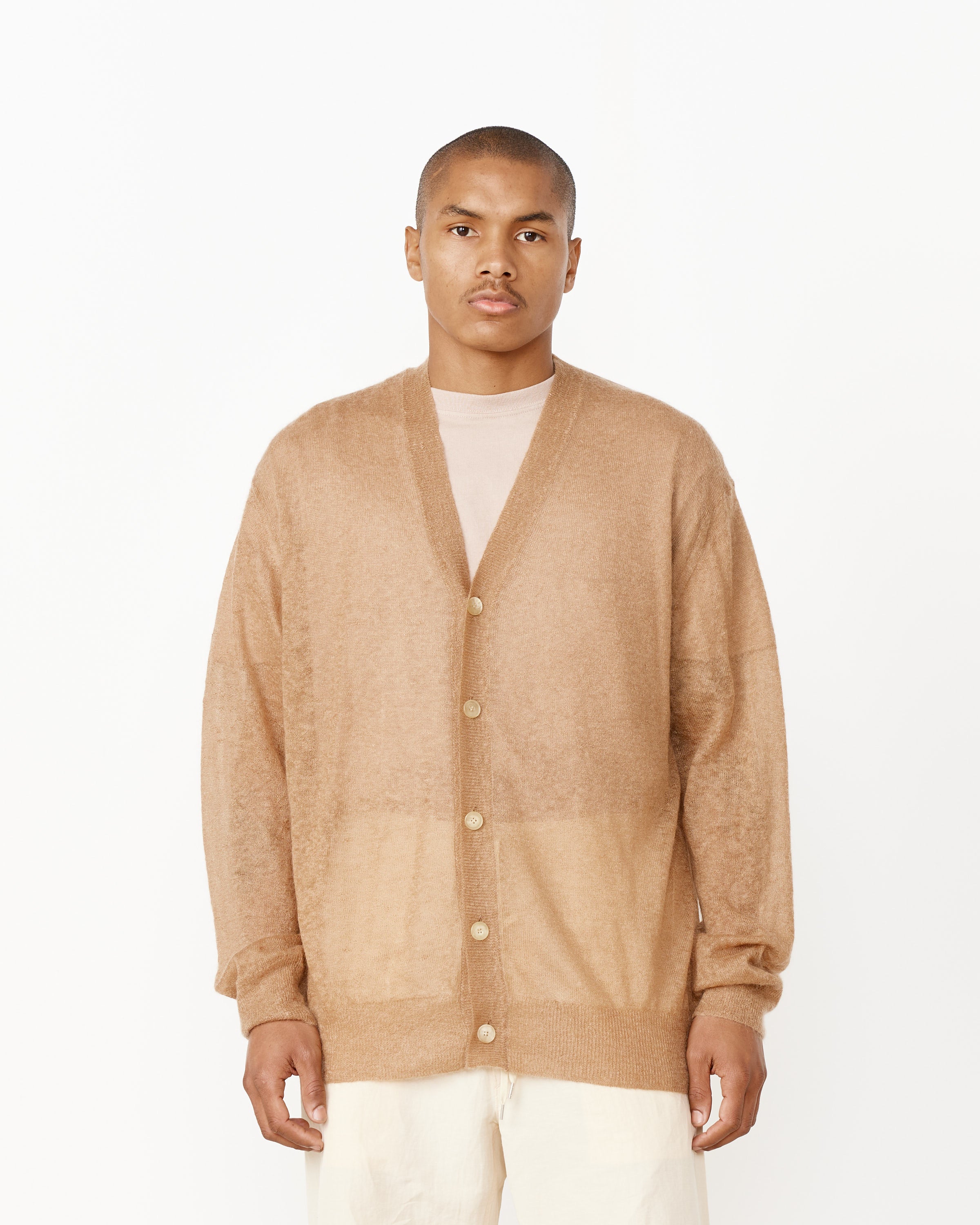 Kid Mohair Sheer Knit Cardigan in Camel