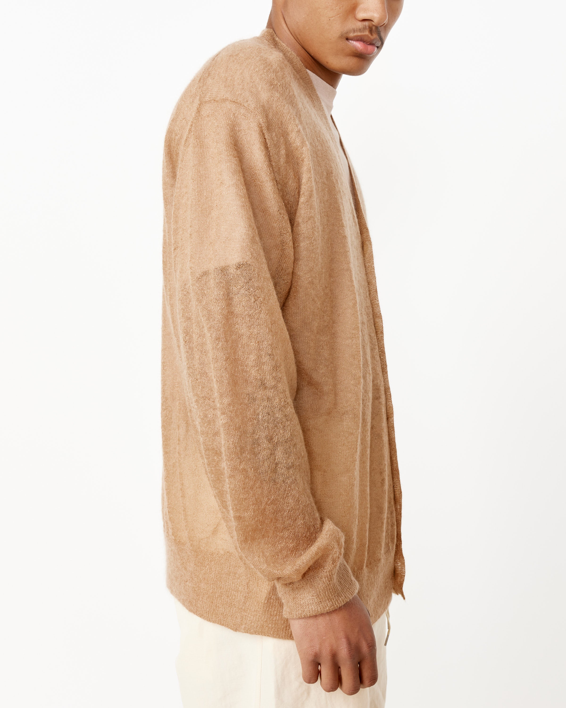 Kid Mohair Sheer Knit Cardigan in Camel