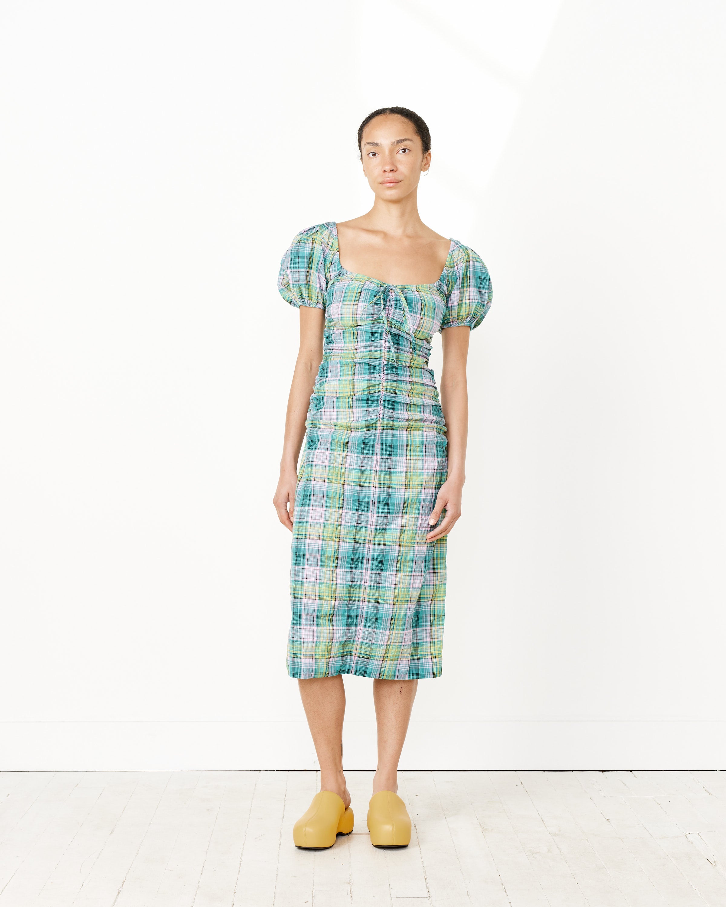 Seersucker Check Gathered U-Neck Midi Dress in Lagoon