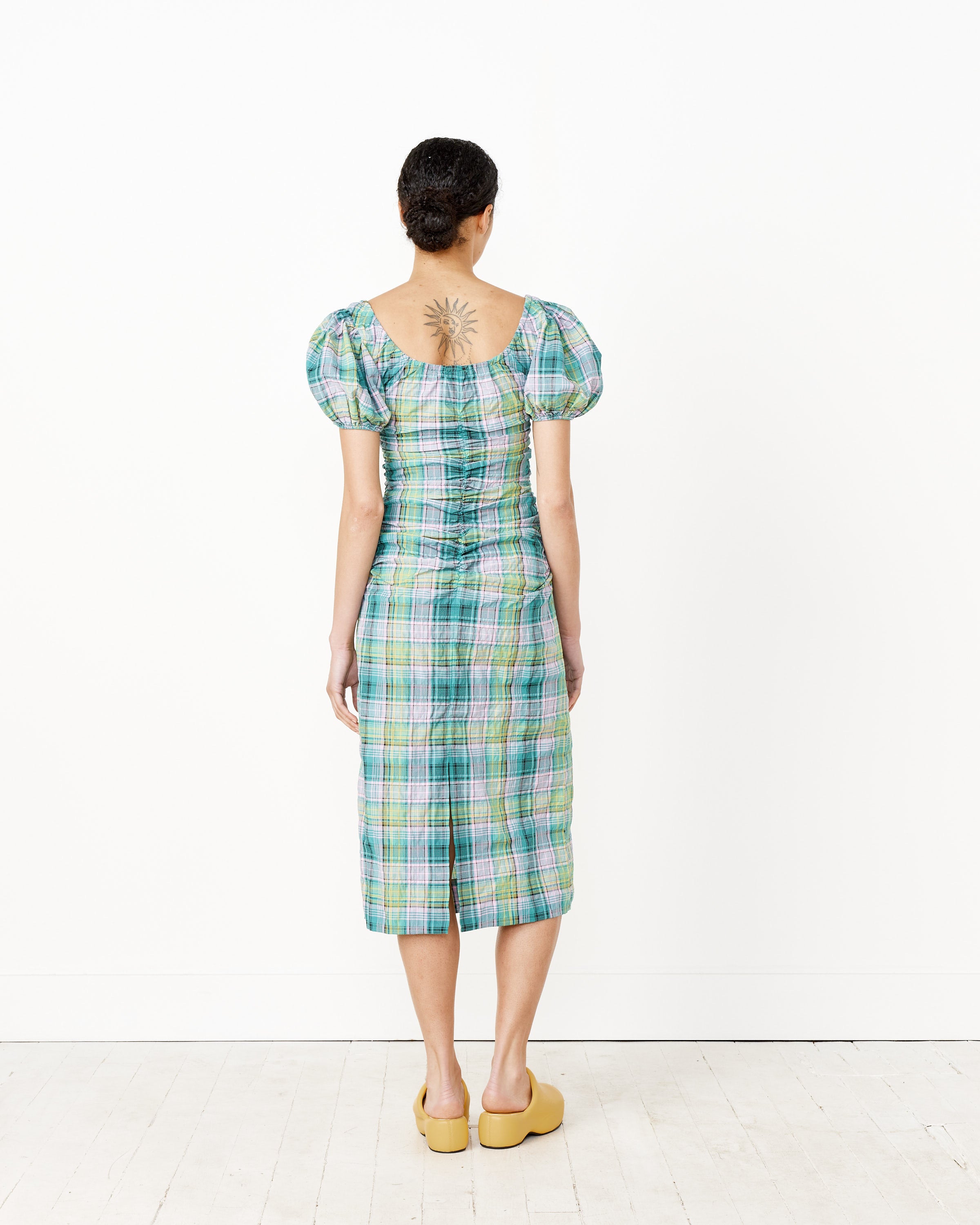 Seersucker Check Gathered U-Neck Midi Dress in Lagoon