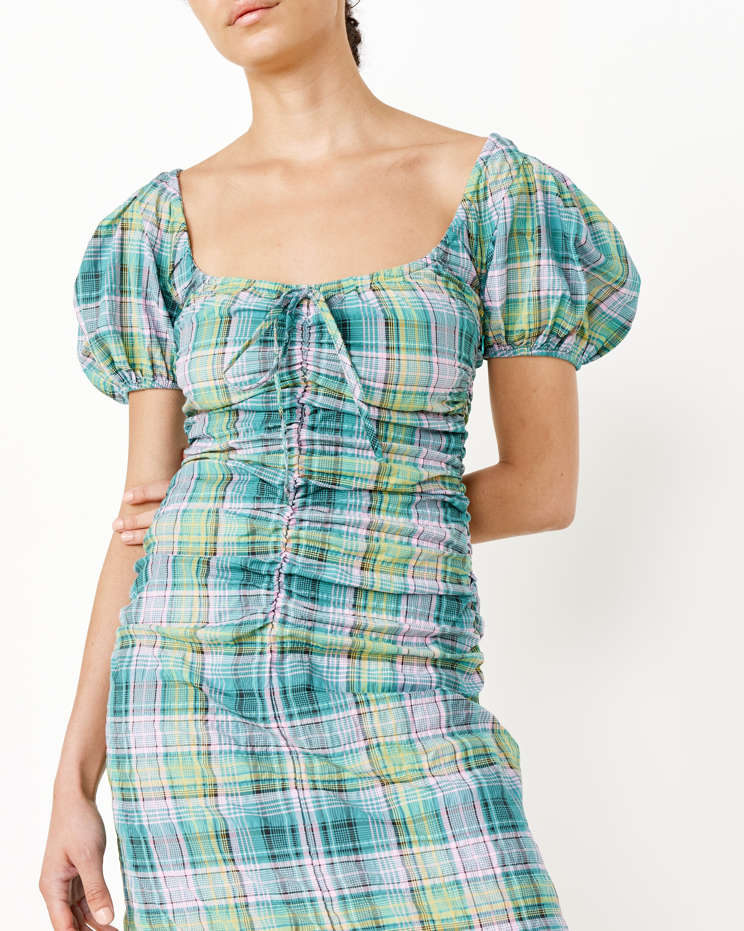 Seersucker Check Gathered U-Neck Midi Dress in Lagoon